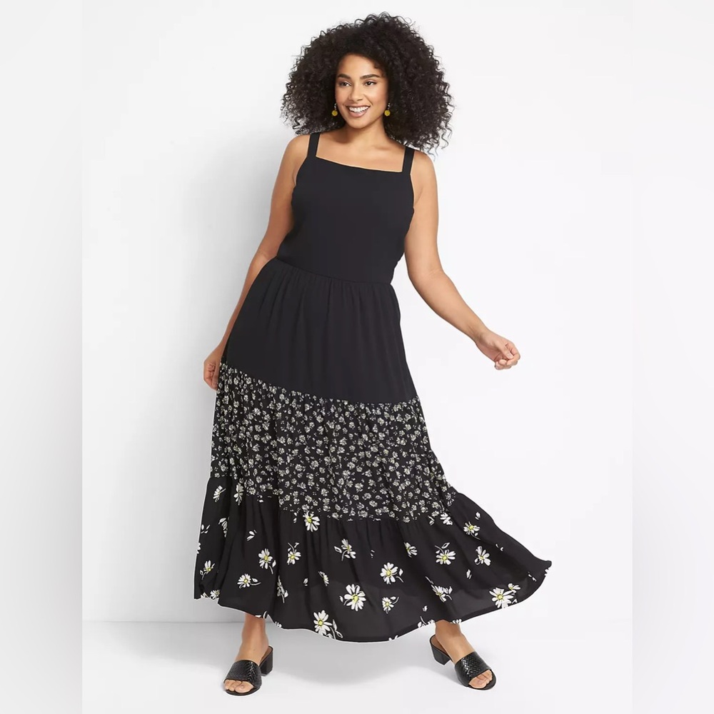 Lane Bryant 10/12 Black Mixed-Print Floral Tiered Sleeveless Maxi Dress